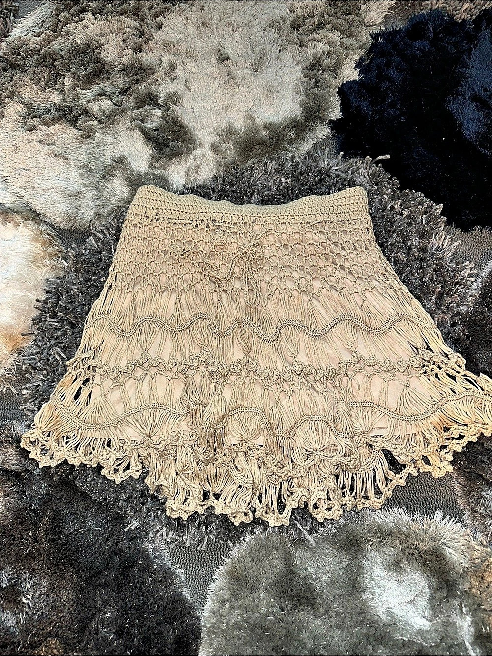YA Los Angeles Crochet Fringe Mini Skirt Beige Boho Festival L